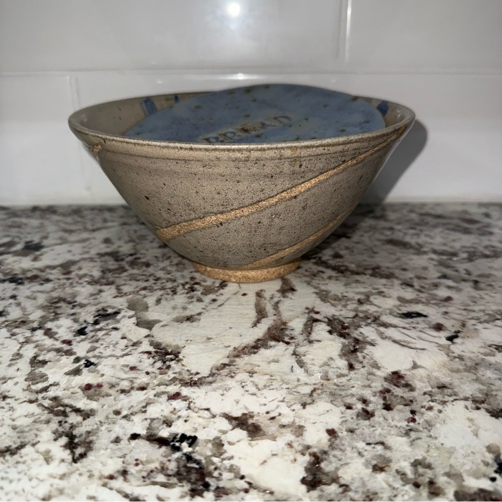 Handcrafted stoneware pottery Bowl - Blue and Tan Bread Topper